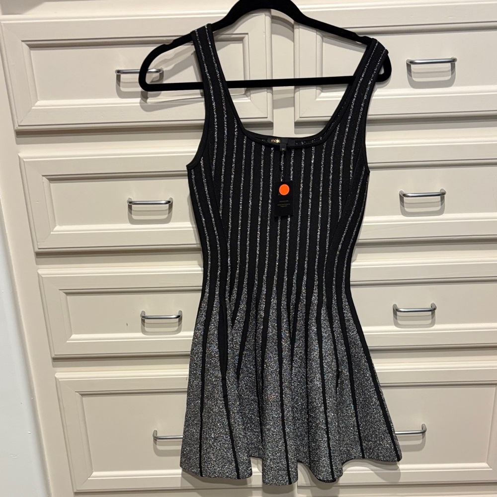 Maje Black Dress with Silver Metallic Stripes